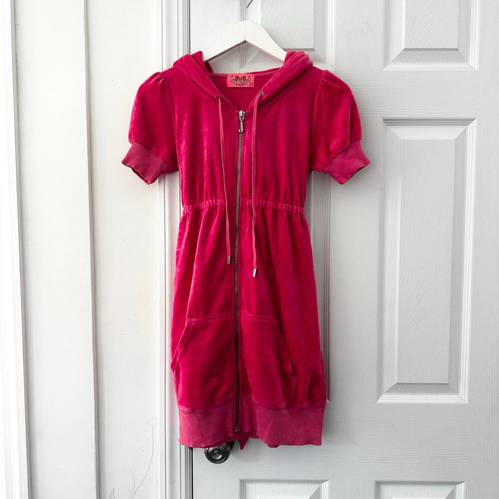 Juicy Couture Bright Pink Y2K Velour Full Zip Tie Back Hooded Mini Dress Jacket